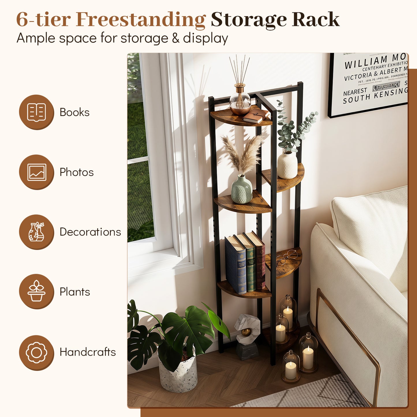 6-Tier Plant Stand Tiered Storage Shelf with 6 Fan-Shaped Shelves-Rusitcbrown