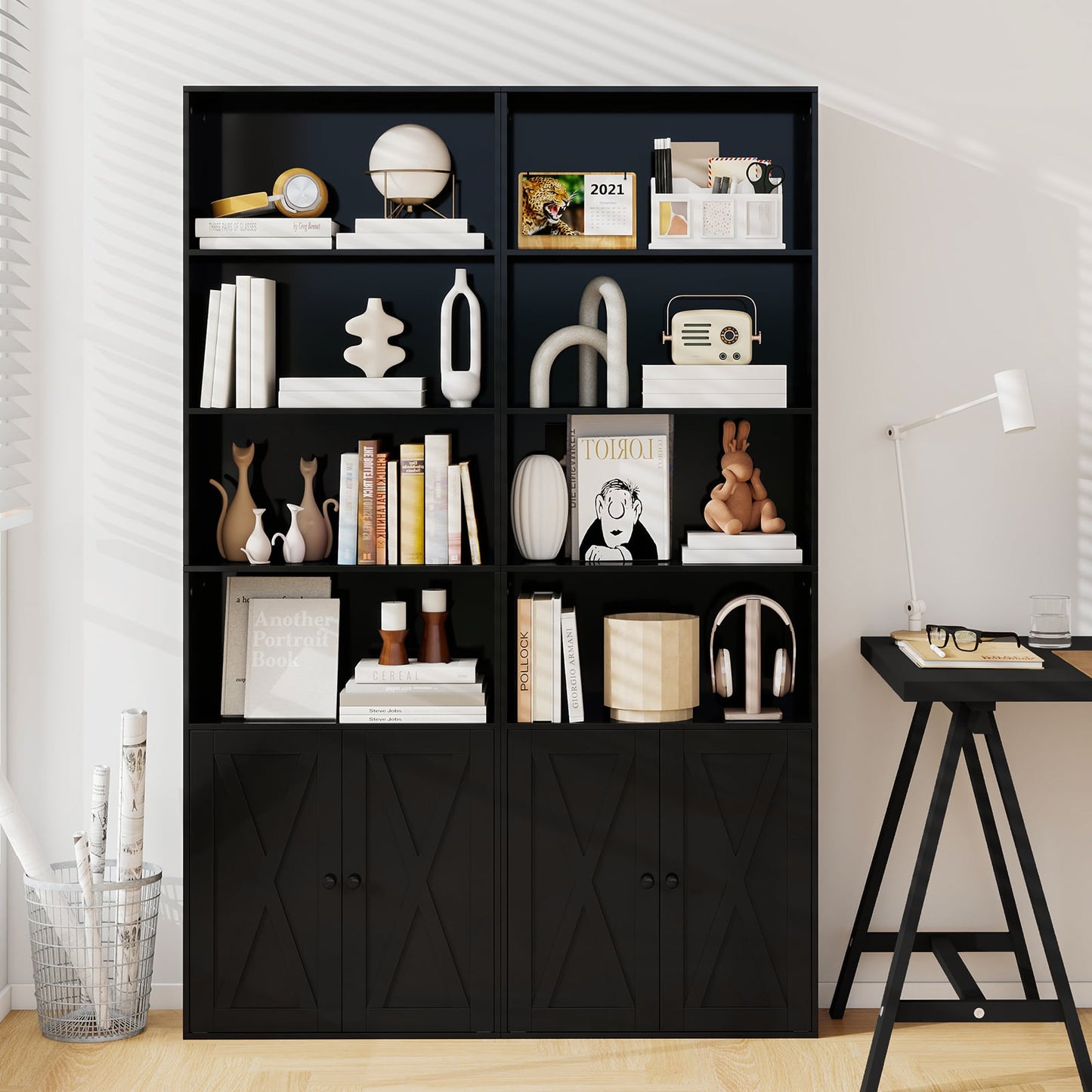 6-Tier Freestanding Bookcase with Farmhouse Style Cabinet Doors-Black