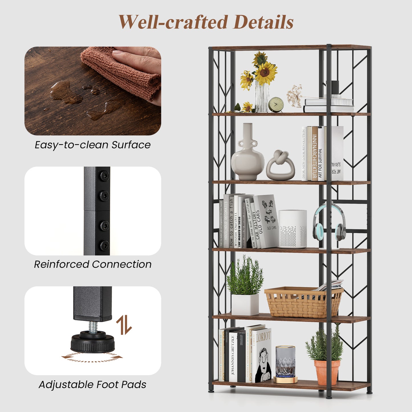 6-Tier Modern Geometric Bookcase with Heavy-duty Metal Frame for Study-Rustic Brown