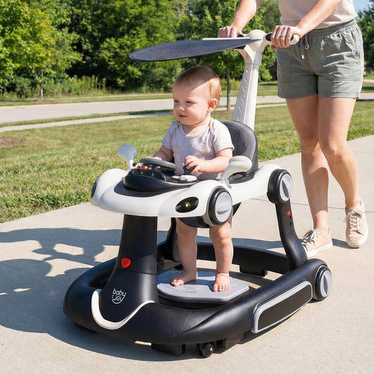 6-in-1 Baby Walker Toddler Push Car with Canopy and Wheels-Black