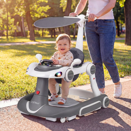6-in-1 Baby Walker Toddler Push Car with Canopy and Wheels-Grey
