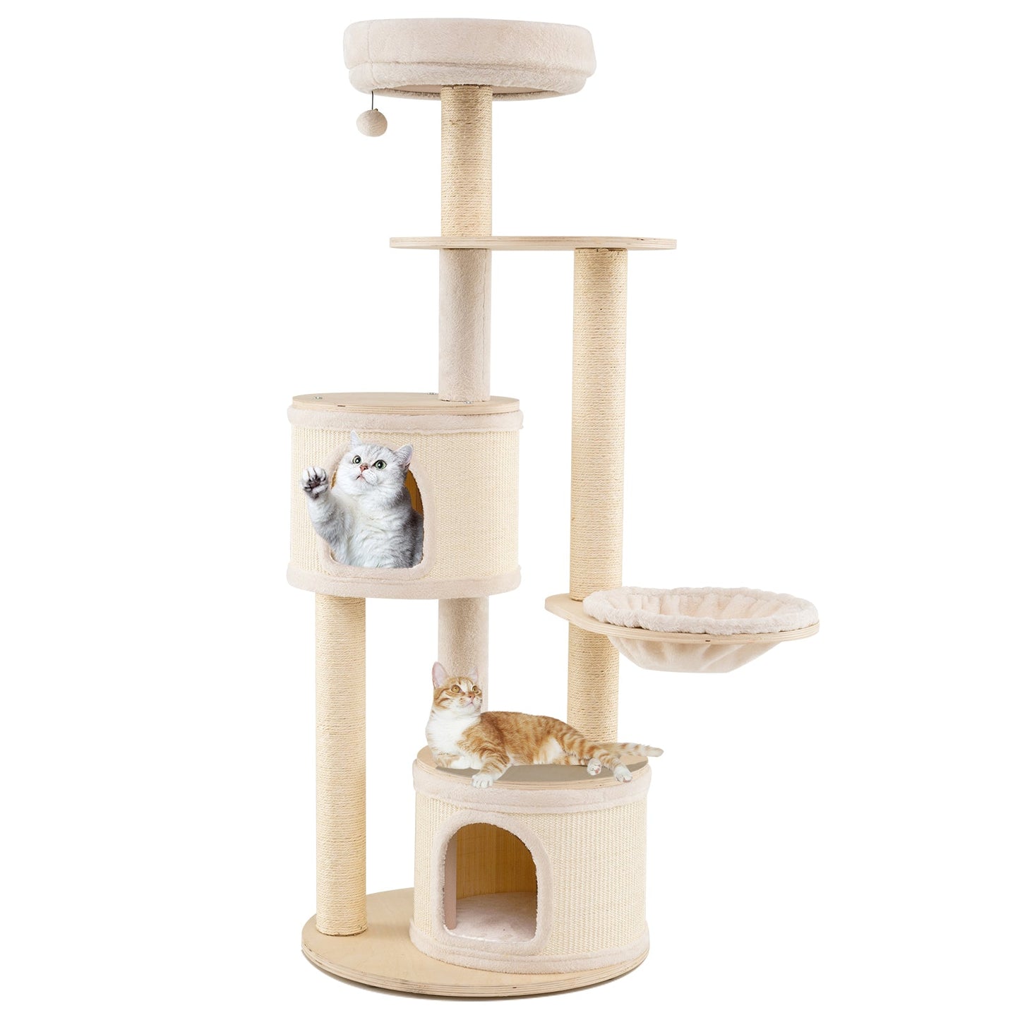 6-level Wooden cat tree with cat condo and sisal scratching posts for indoor-Natural