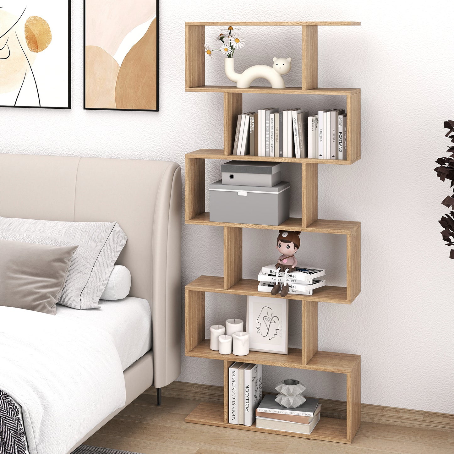 6-tier S-shaped Wooden Industrial Bookshelf-Natural