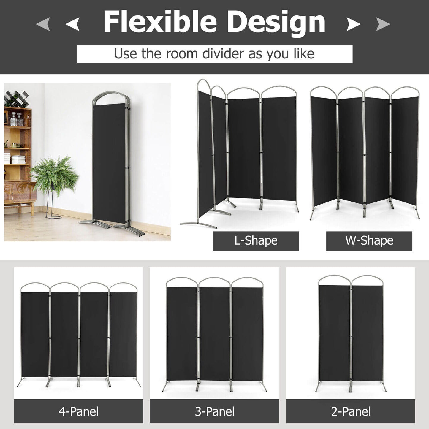 6.2Ft Folding 4-Panel Room Divider for Home Office Living Room-Black