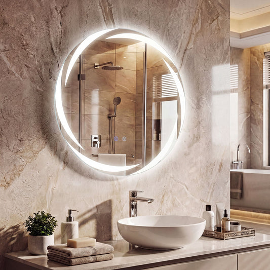 60 cm Round LED Bathroom Mirror Explosion-proof Tempered Glass Wall Mirror with 3-Color Lights