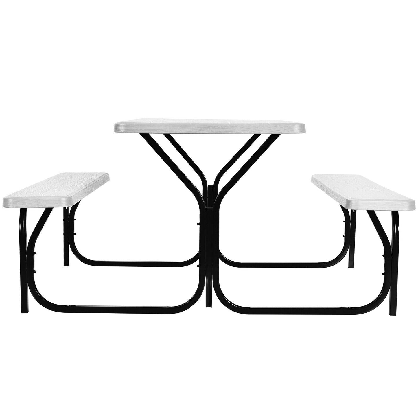Picnic Table Bench Set with Metal Base Wood for Outdoor-White