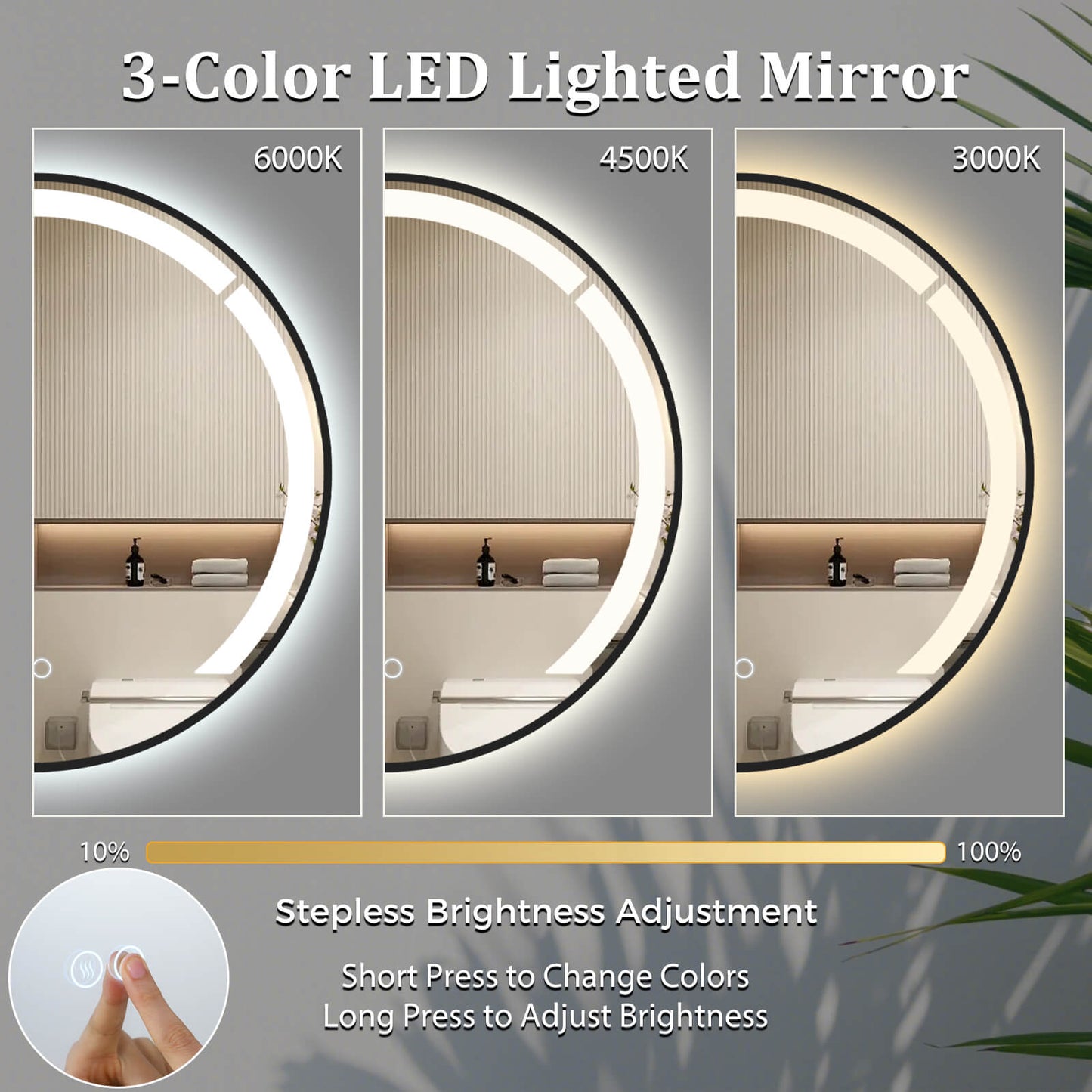 60 cm Round LED Bathroom Mirror with 3 Light Colors-Black