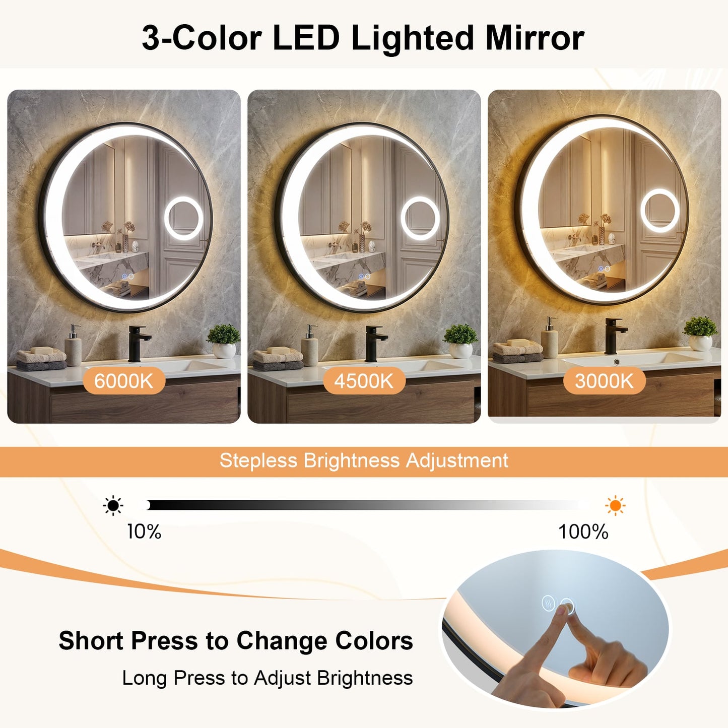 60 cm Round LED Bathroom Mirror with 3 Light Colors and Magnification Mirror-Black