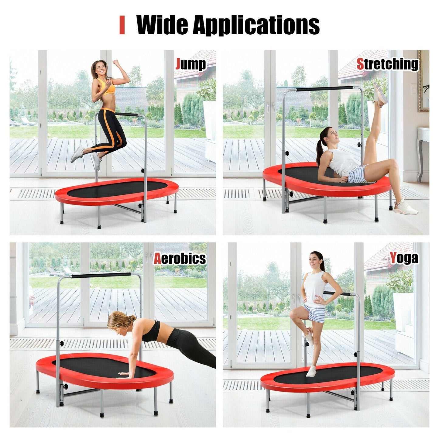 Double Foldable Fitness Trampoline with Adjustable Handrail-Red