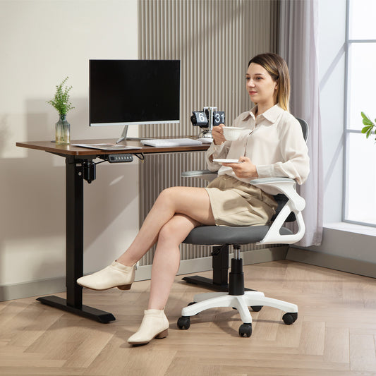 HOMCOM Breathable Mesh Office Chair, Ergonomic Swivel Computer Chair with Flip-up Armrests, Lumbar Back Support for Home/Office, Grey