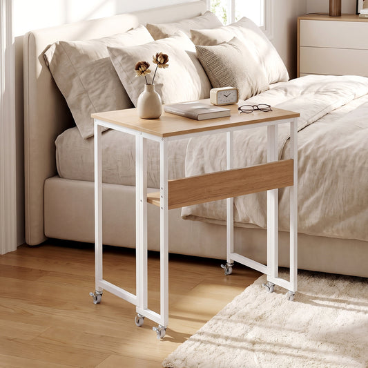 63 cm Small Folding Desk with Smooth Rolling Wheels and Storage Shelf for Home Office-Natural