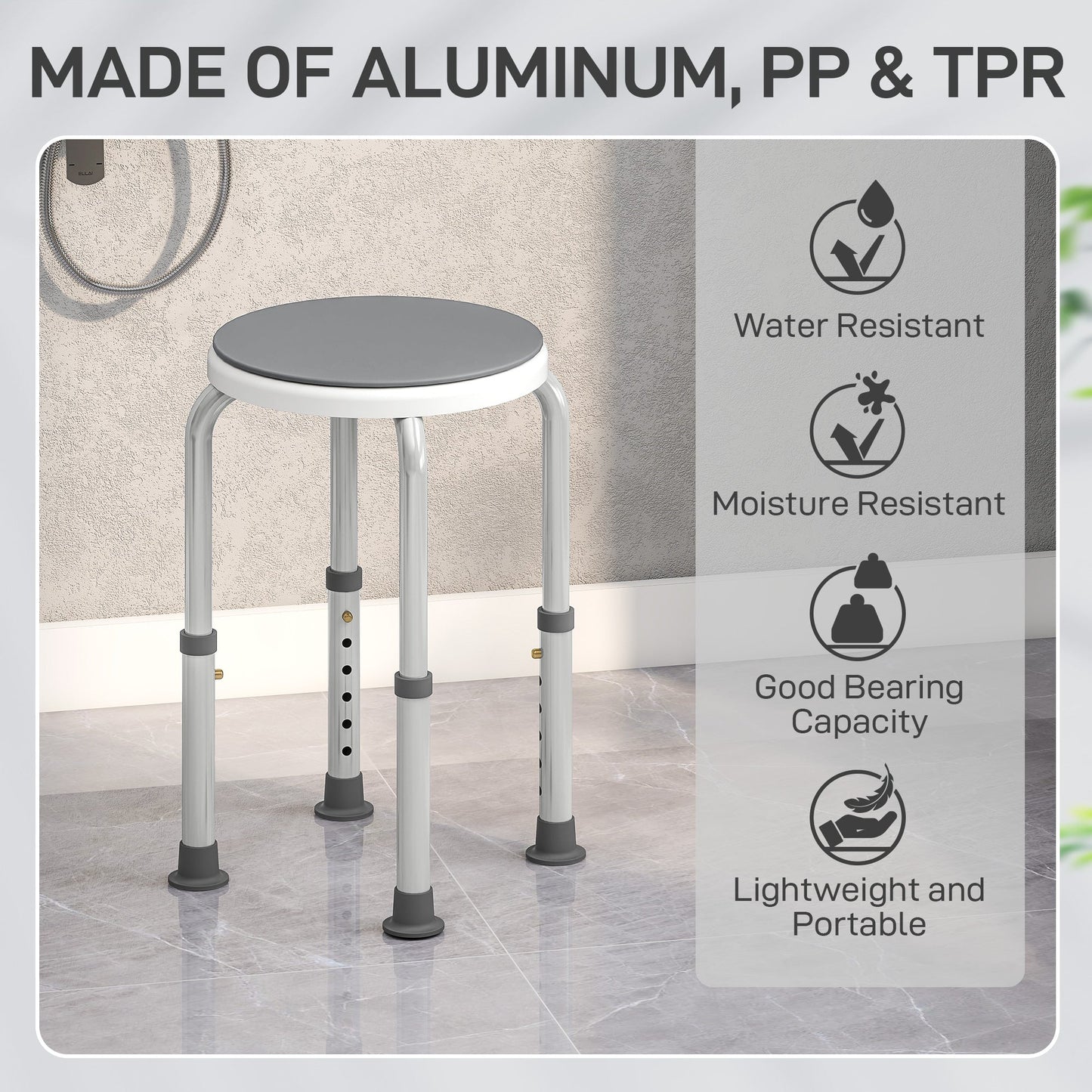 HOMCOM 360 Swivel Shower Chair, Height Adjustable Aluminium Shower Stool with Non-Slip Feet for Disabled, Elderly, Grey