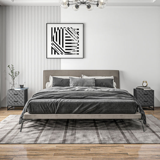 HOMCOM Bedside Tables Set of 2, Modern Bedside Table Nightstand with 2 Drawers, Bedside Cabinet Sofa Side Table with Storage, Steel Legs for Bedroom, Living Room, Grey