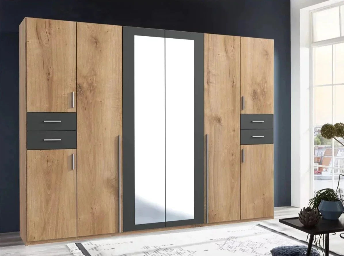 FENTON 6 Door Mirrored Wardrobe Oak and Graphite 270cm
