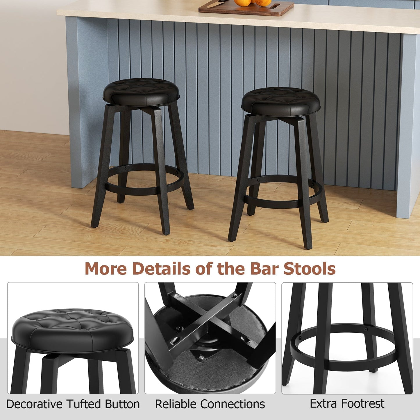 360° Swivel Upholstered Bar Stool Set of 2 with Footrest-Black
