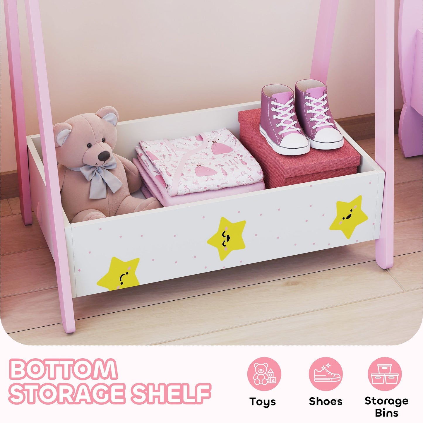 AIYAPLAY Baby Clothing Rack with Hangers, Storage Shelf for Bedroom, Star Theme, for Ages 3-6, Pink