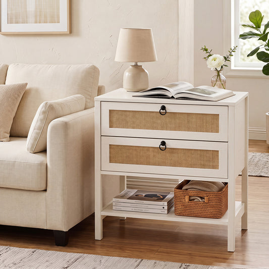 68 cm Wide Boho Rattan Nightstand with 2 Drawers and Open Storage Shelf-White