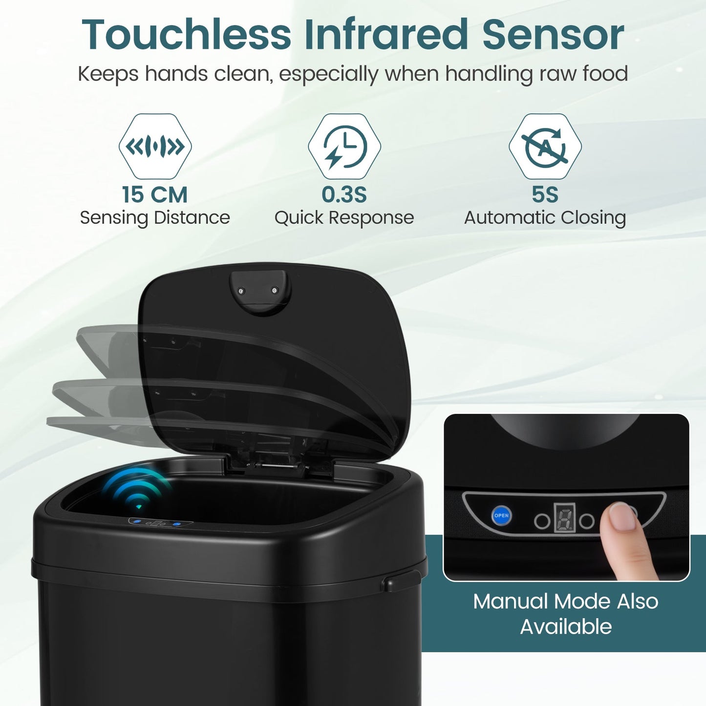 68L Trash Can with Dual-Zone Design Automatic Touchless Garbage Can-Black