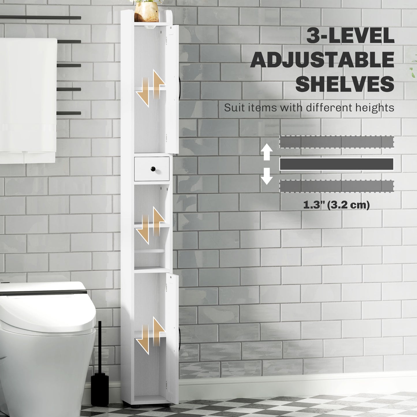 HOMCOM Tall Bathroom Cabinet, Farmhouse Slim Bathroom Storage Cabinet with Barn Doors, Toilet Paper Roll Holder, Drawer and Adjustable Shelves, Narrow Bathroom Storage Unit, 20 x 20 x 185cm, White