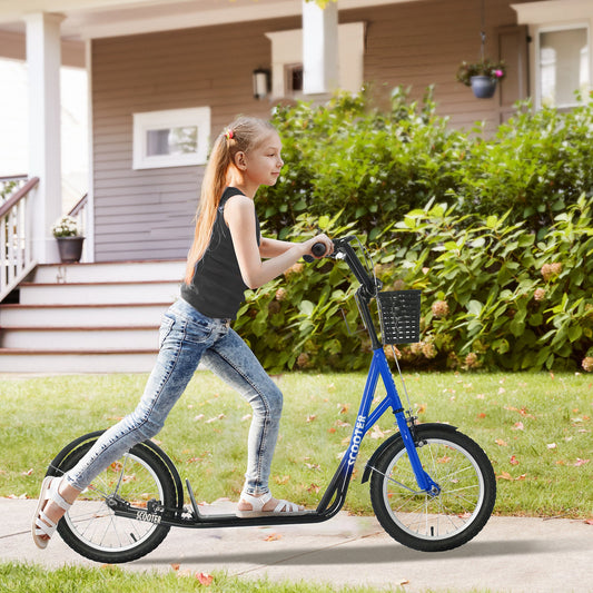 HOMCOM Kids Scooter, Kick Stunt Scooter with Adjustable Handlebar, Dual Brakes, Basket, Cupholder, Mudguard, 16" Inflatable Rubber Wheels, for 5-12 years, Blue