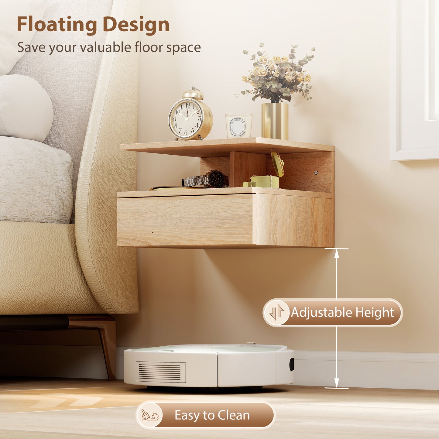HOMCOM Set of Two Floating Bedside Tables - Oak