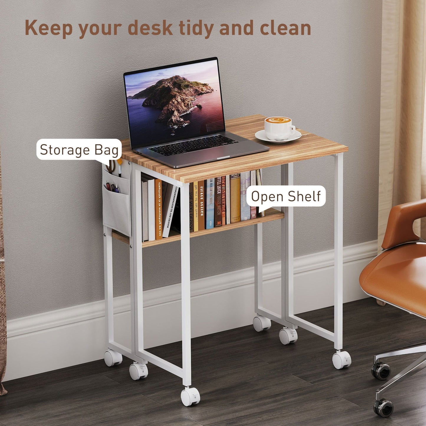 HOMCOM 63 cm Drop Leaf Writing Work Desk - Natural Wood Finish