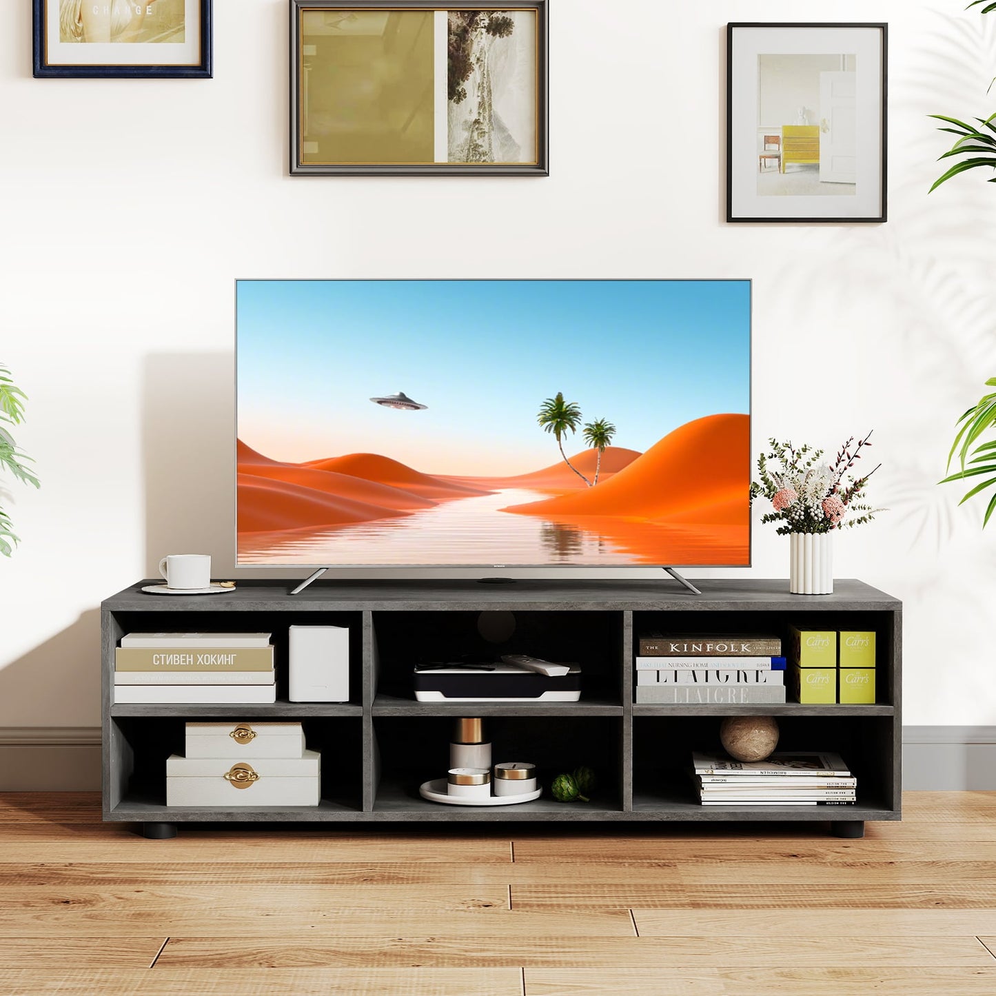 6-Cubby TV Stand TV Console Table with Adjustable Shelves-Grey