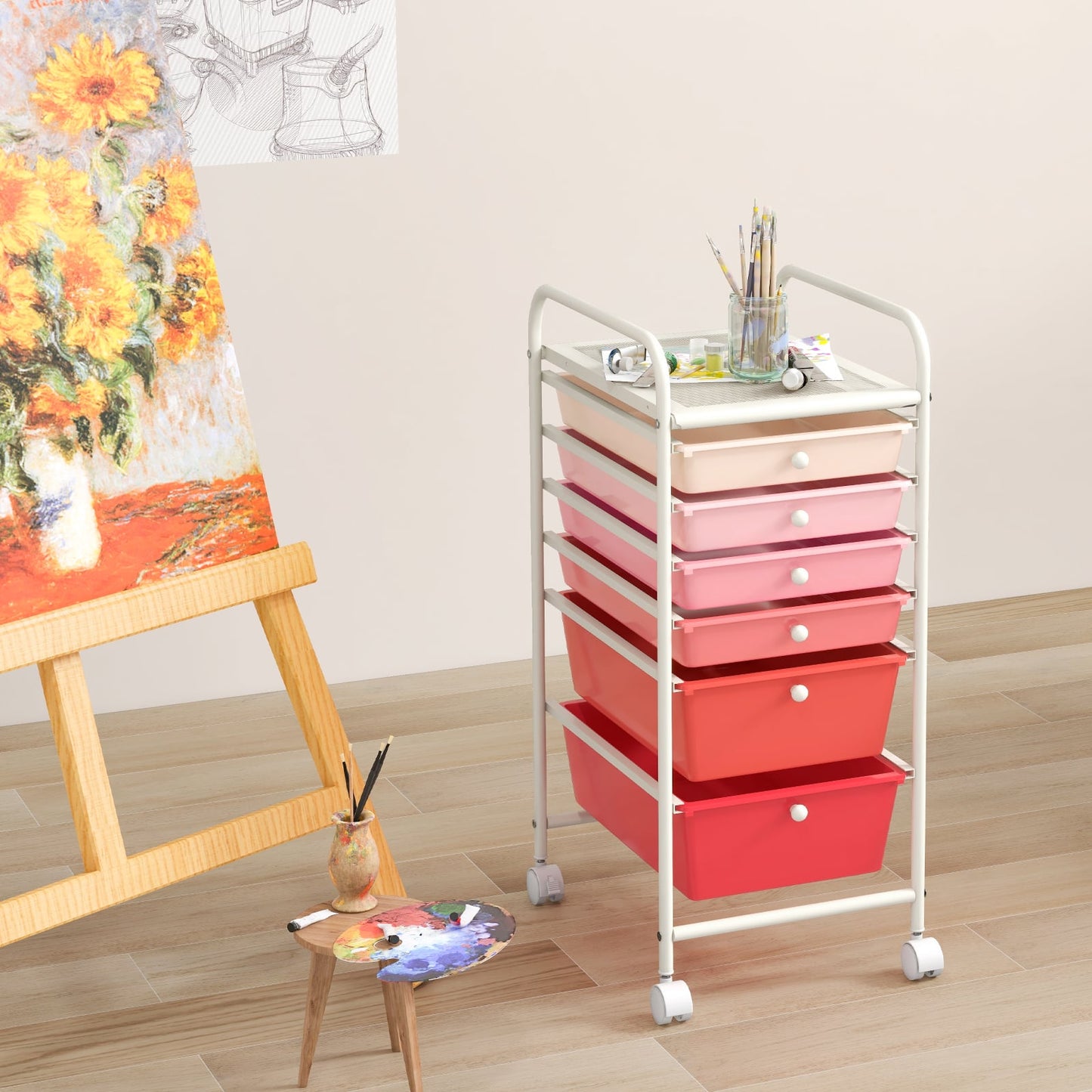 6 Drawers Storage Trolley with 4 Wheels for Makeup Beauty Salon-Pink