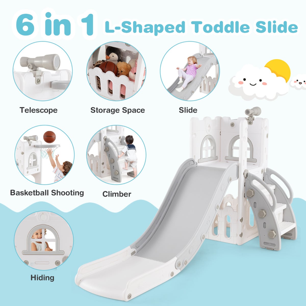 6 in 1 L-shaped Toddle Slide with Basketball Hoop and Telescope-Grey