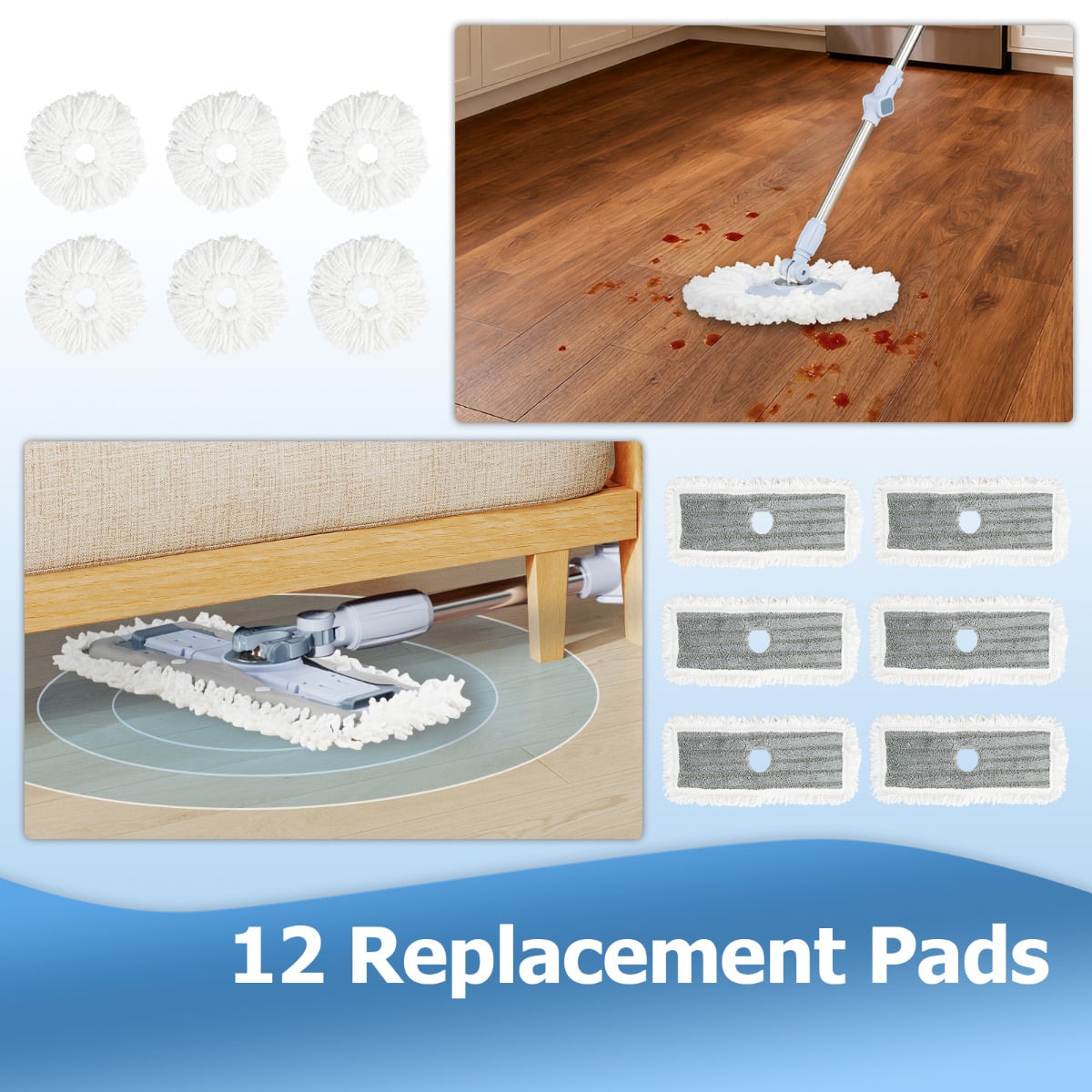 6 Packs Reusable Round/Rectangular Mop Pads Compatible with Sweeper Mops (Not Included)-Size 1