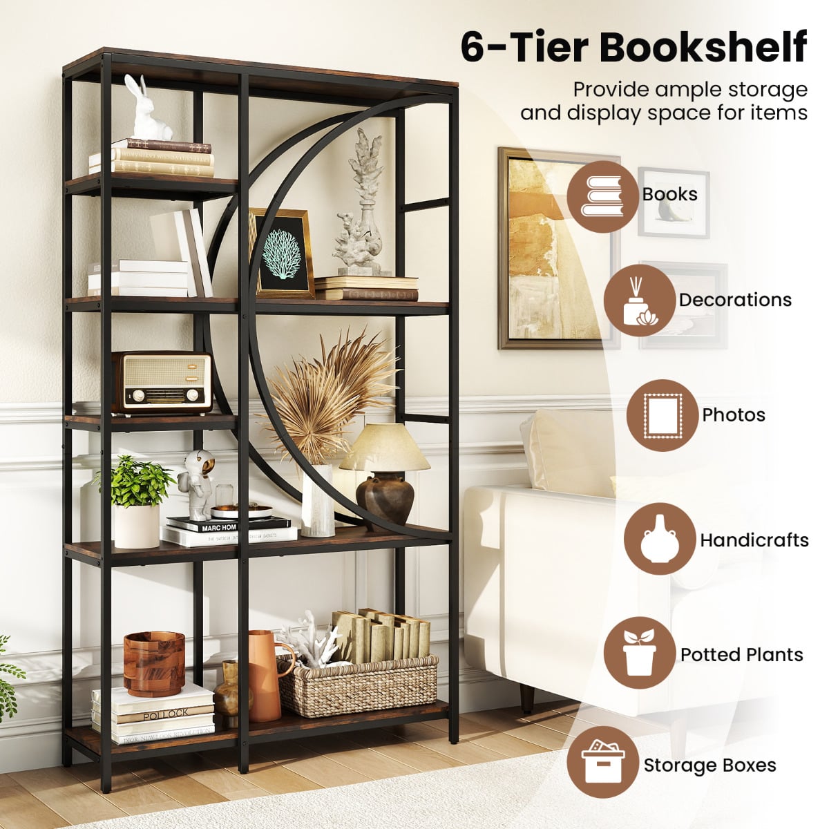 6-Tier Industrial Etagere Bookshelf with Open Storage Shelves and Arc-Shaped Design-Coffee