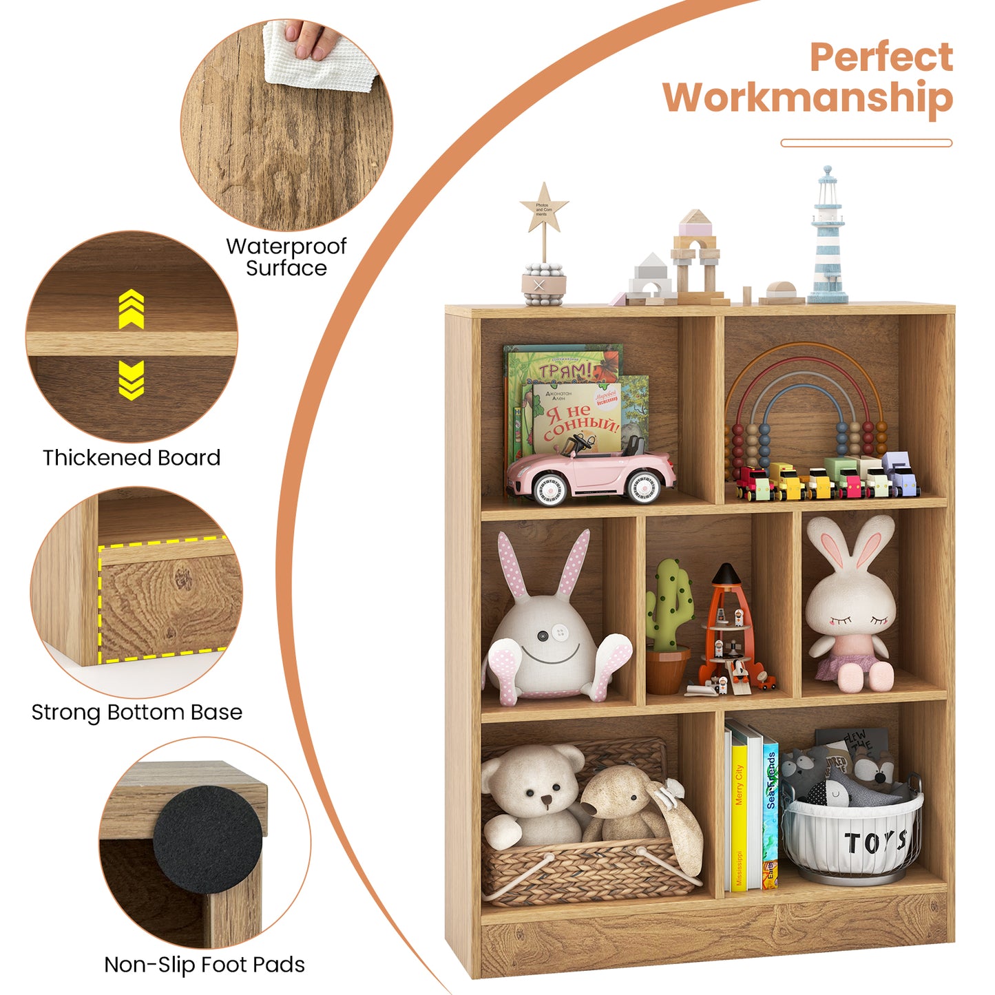 7-Cube Bookshelf with 2 Anti-Tipping Kits for Living Room and Kid’s Room-Natural