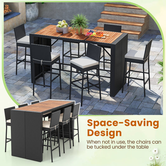 7-Piece Patio Bar Dining Set PE Rattan Furniture Set with Acacia Wood Tabletop and Soft Cushions-White