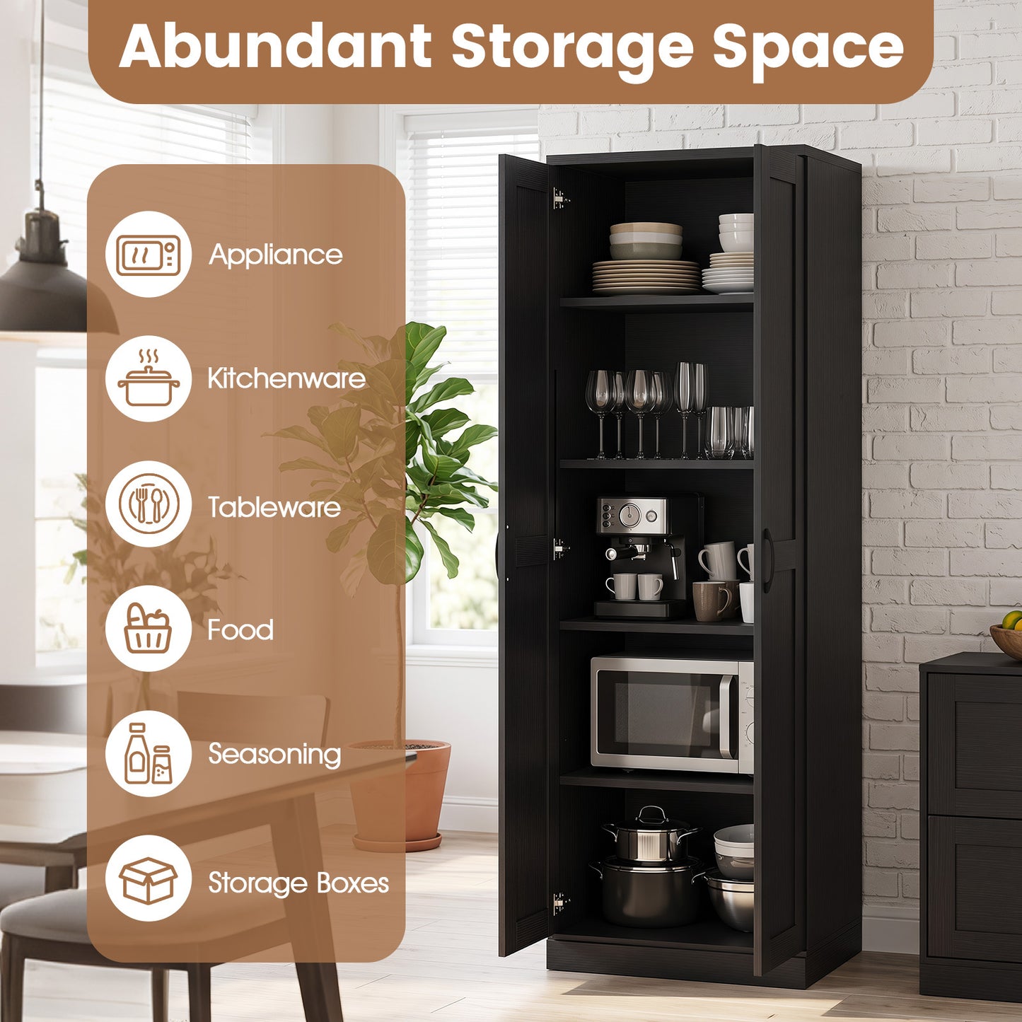 70" Tall Storage Cabinet with Doors and Adjustable Shelves for Kitchen-Black