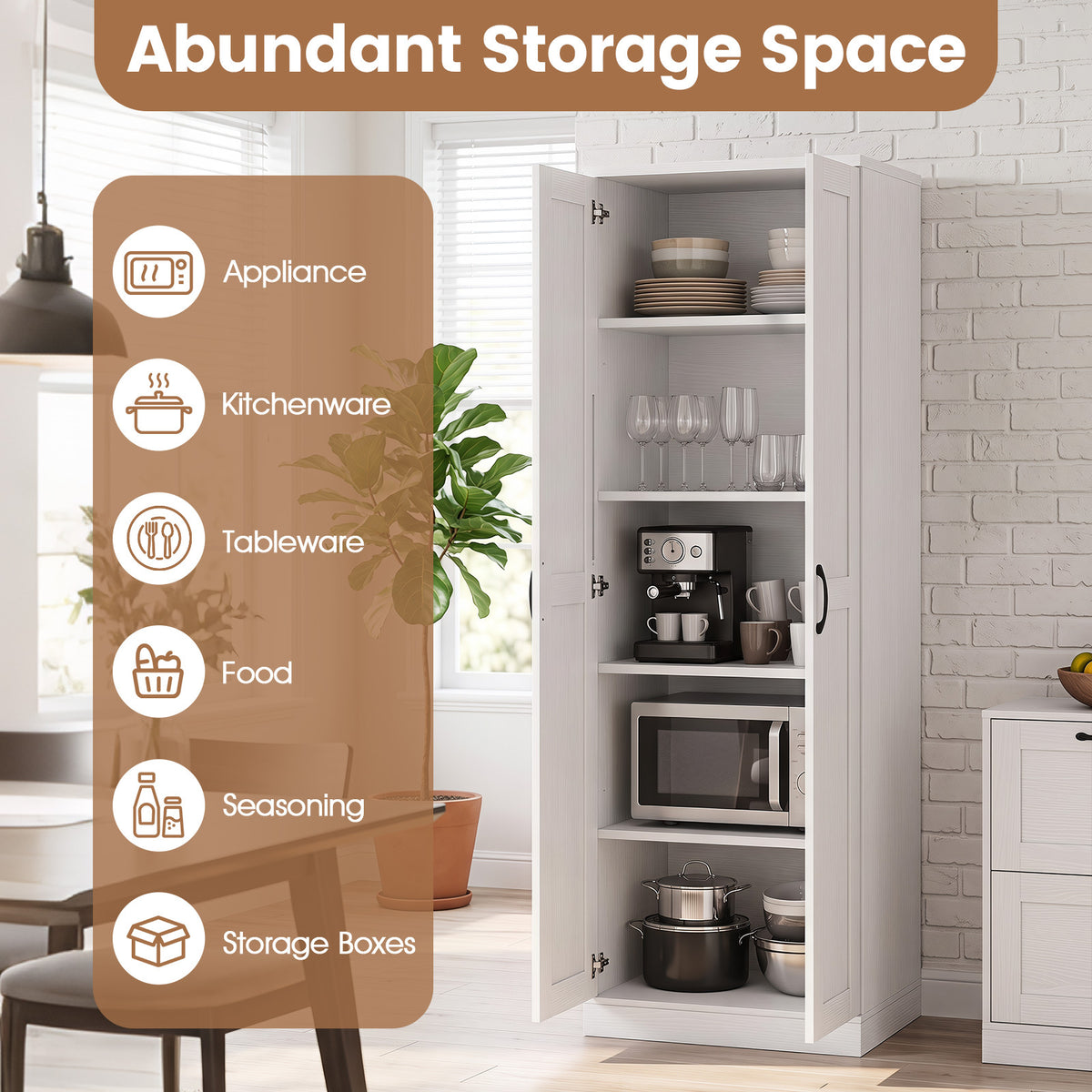 70" Tall Storage Cabinet with Doors and Adjustable Shelves for Kitchen-White