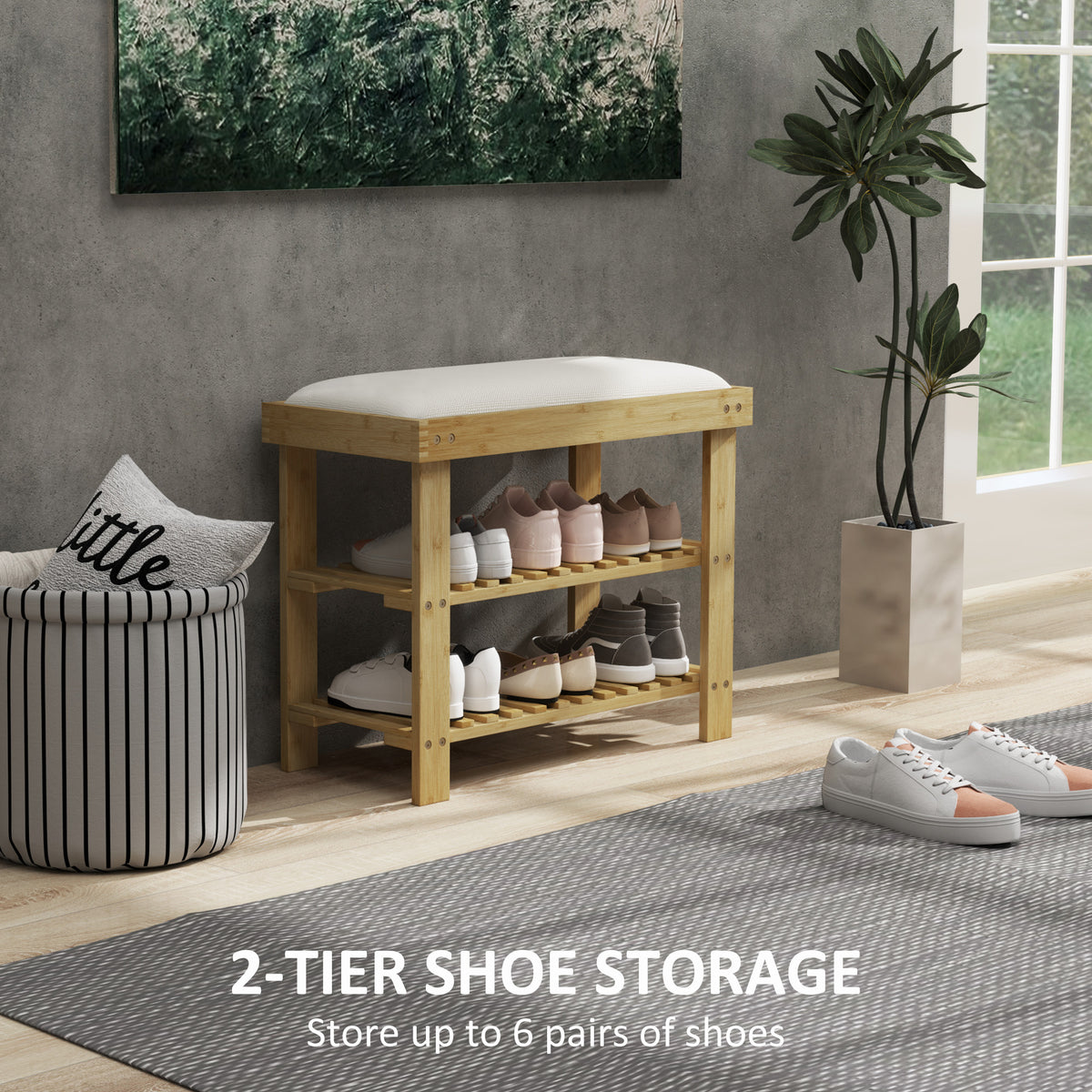 HOMCOM Bamboo Shoe Storage Bench, 3-Tier Shoe Bench with Seat Cushion, Shoe Rack for Entryway, Hallway, Living Room, Bedroom, Cream White