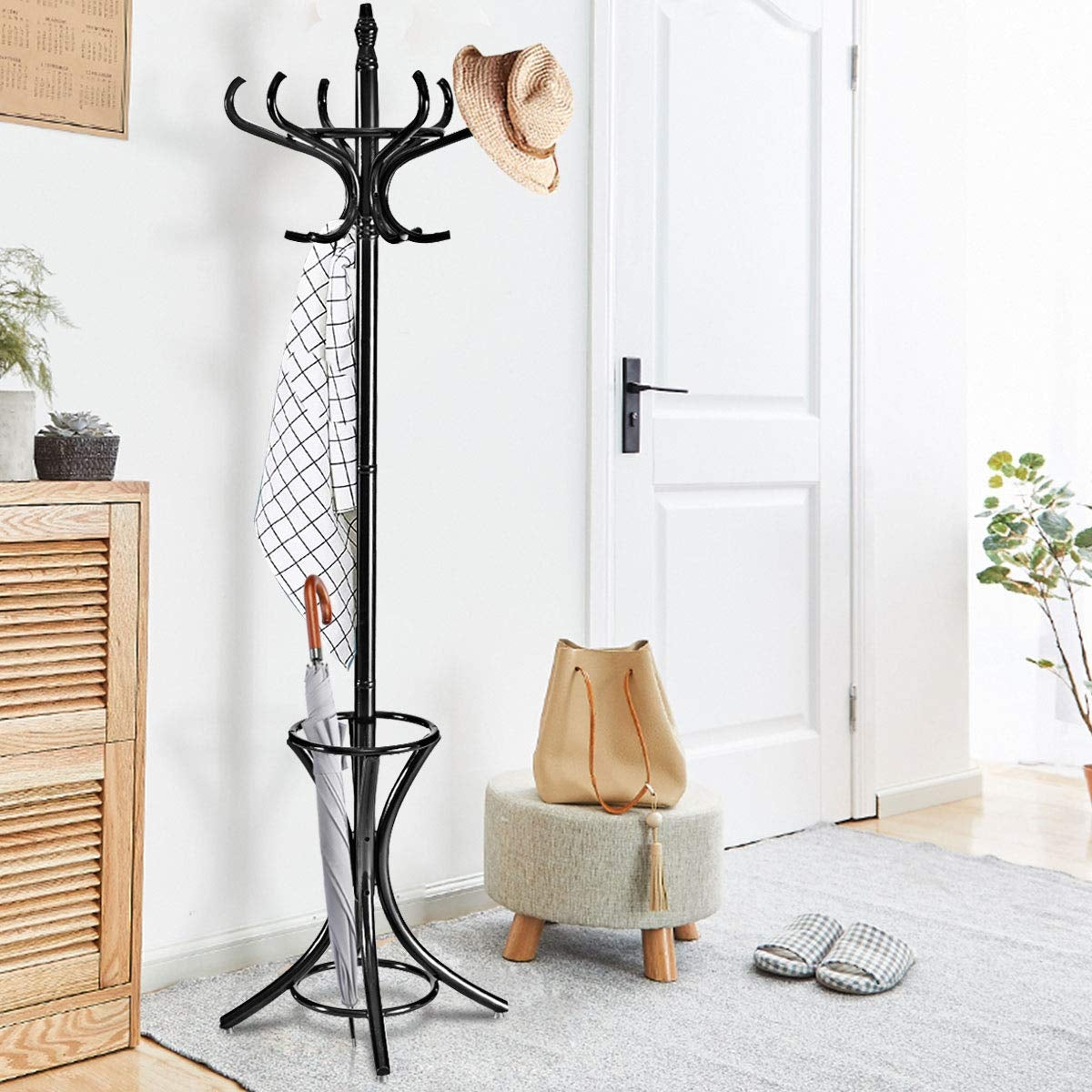 Free-standing Jacket Stand with Umbrella for Living Room-Black