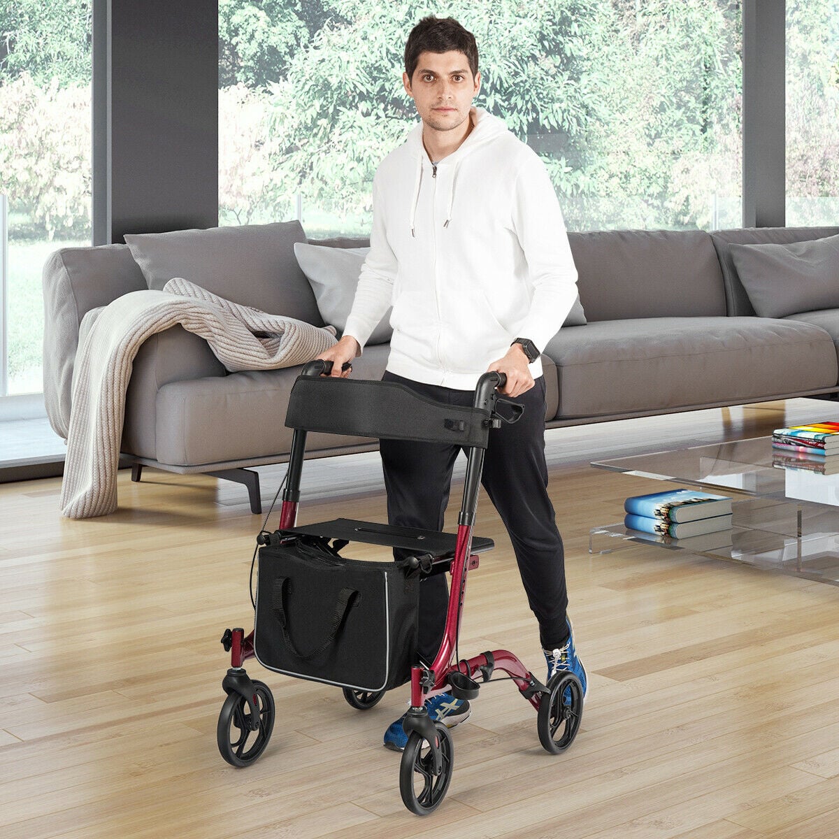 Folding Aluminium Rollator Walker Mobility Aid With 4 Wheels-Red