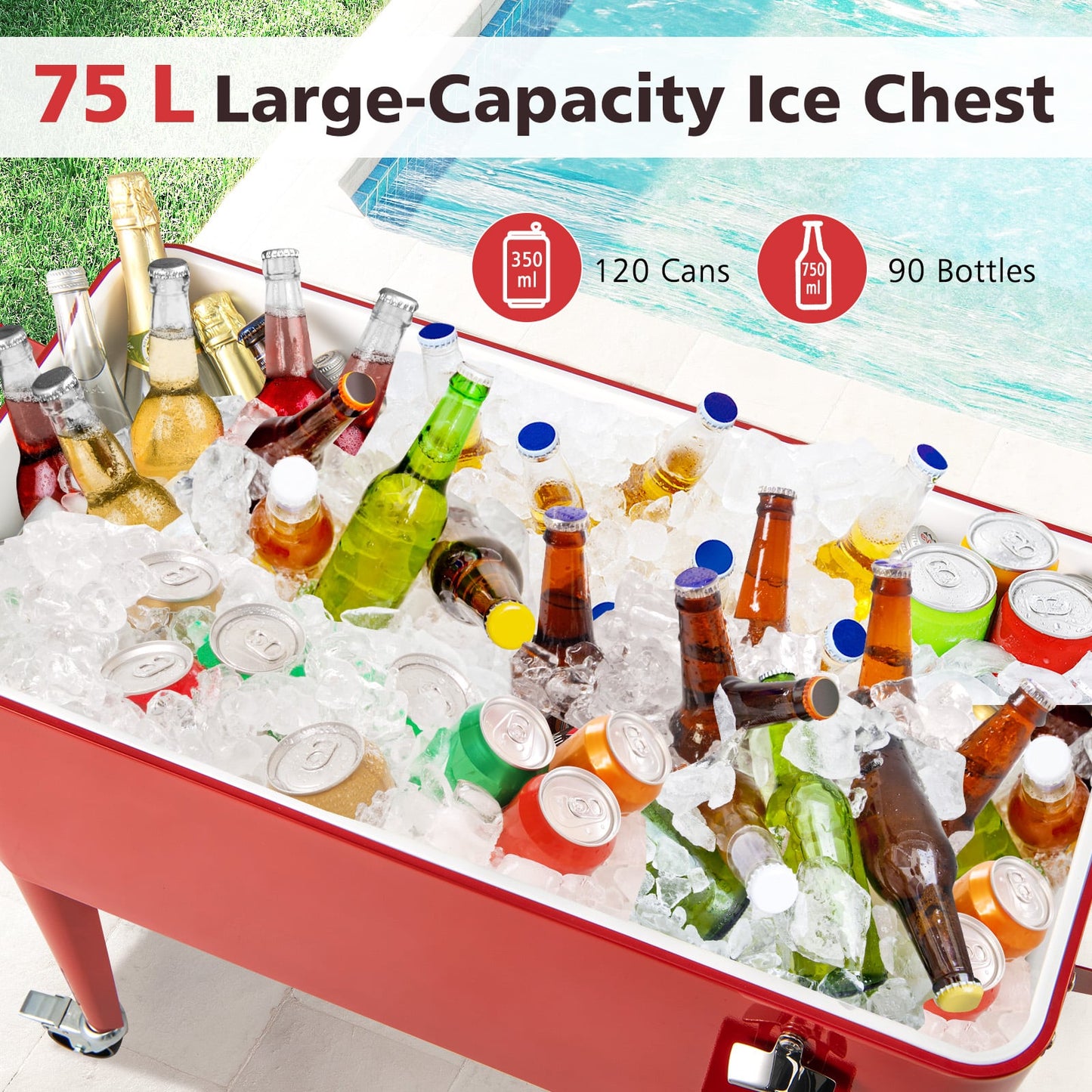 75 L Rolling Ice Chest Portable Patio Cooler on Wheels Outdoor Drink Beverage Cooler Cart-Red