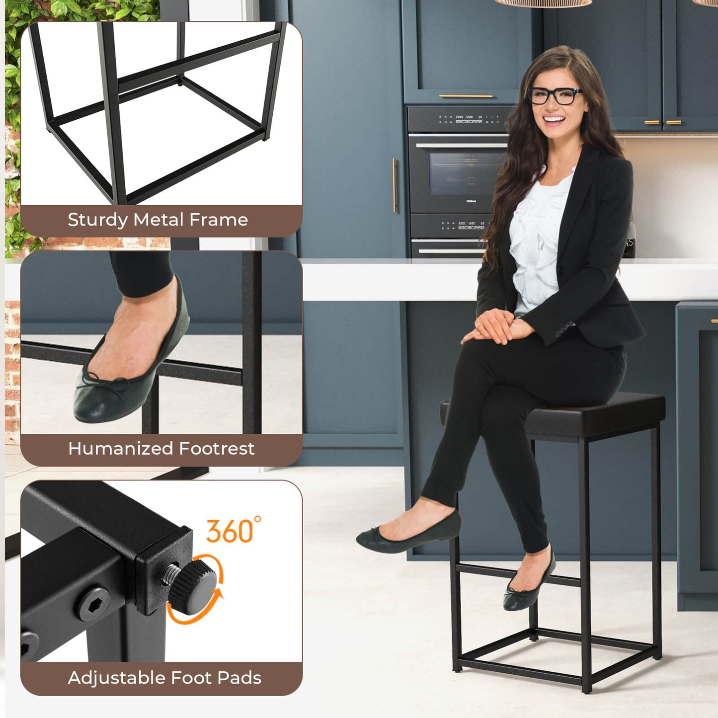 76 cm Barstools Set of 2 with PU Leather Cover and Footrest-Black