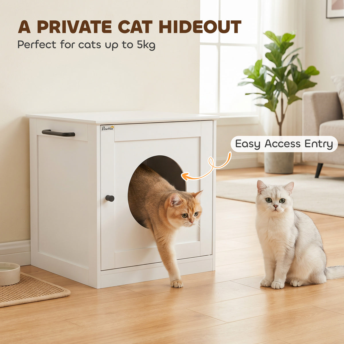 PawHut Cat Litter Box Enclosure, Hidden Litter Box Furniture with Side Hook, Wooden Cat Washroom Storage Cabinet, White
