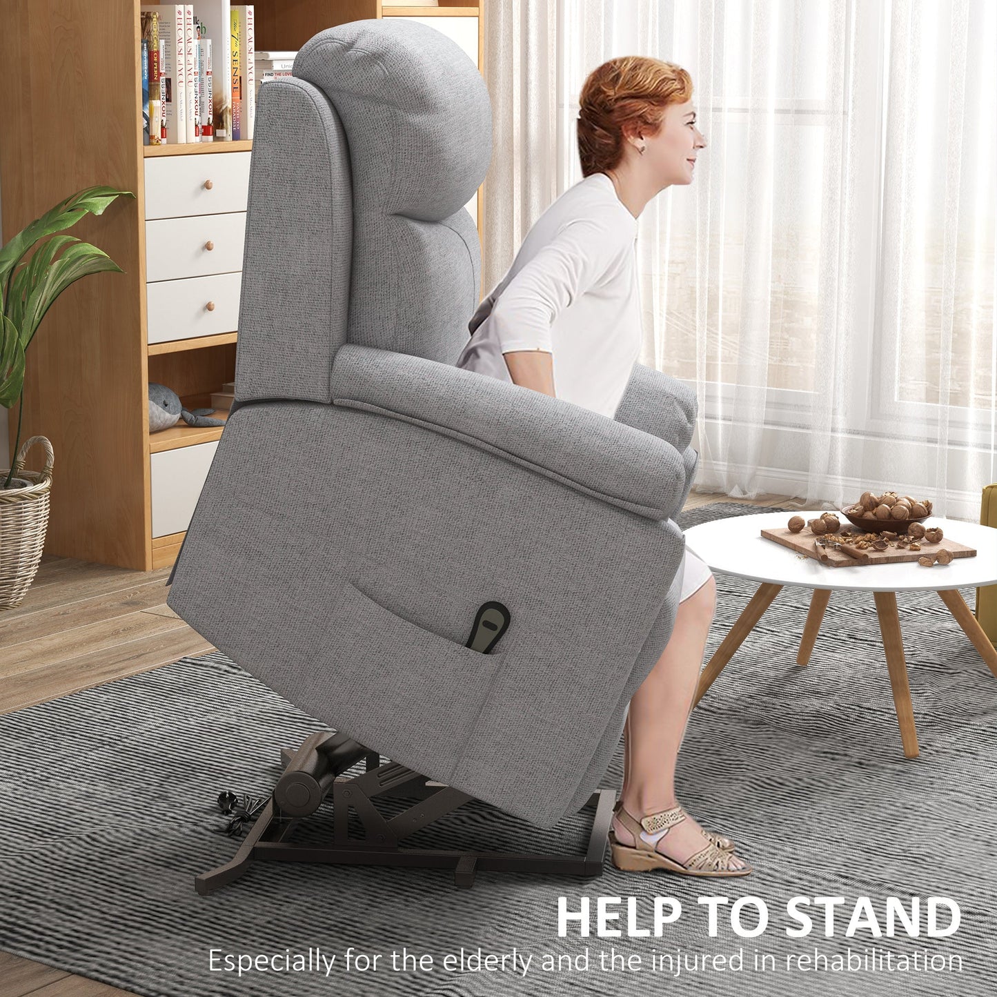 HOMCOM Power Lift Recliner Chair, Electric Lift Chair for Elderly, Overstuffed Linen Fabric Riser and Reclining Armchair with Remote Control, Side Pockets, for Living Room, Grey