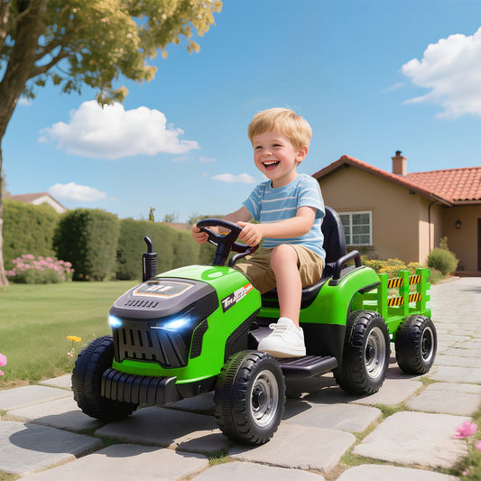AIYAPLAY 12V Ride on Tractor and Trailer with Remote Control, Music, Shifter, Start-Up Sound, for Kids Ages 3-8 Years, Green