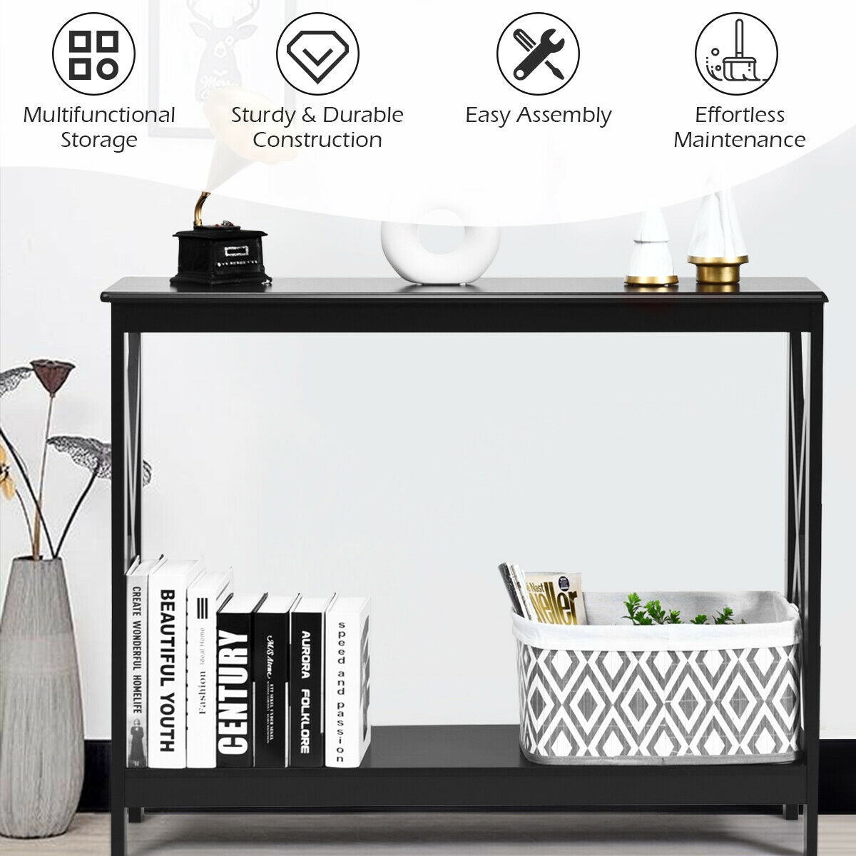 Industrial 2-Tier Narrow Console Table with Storage Shelf for Entryway-Black