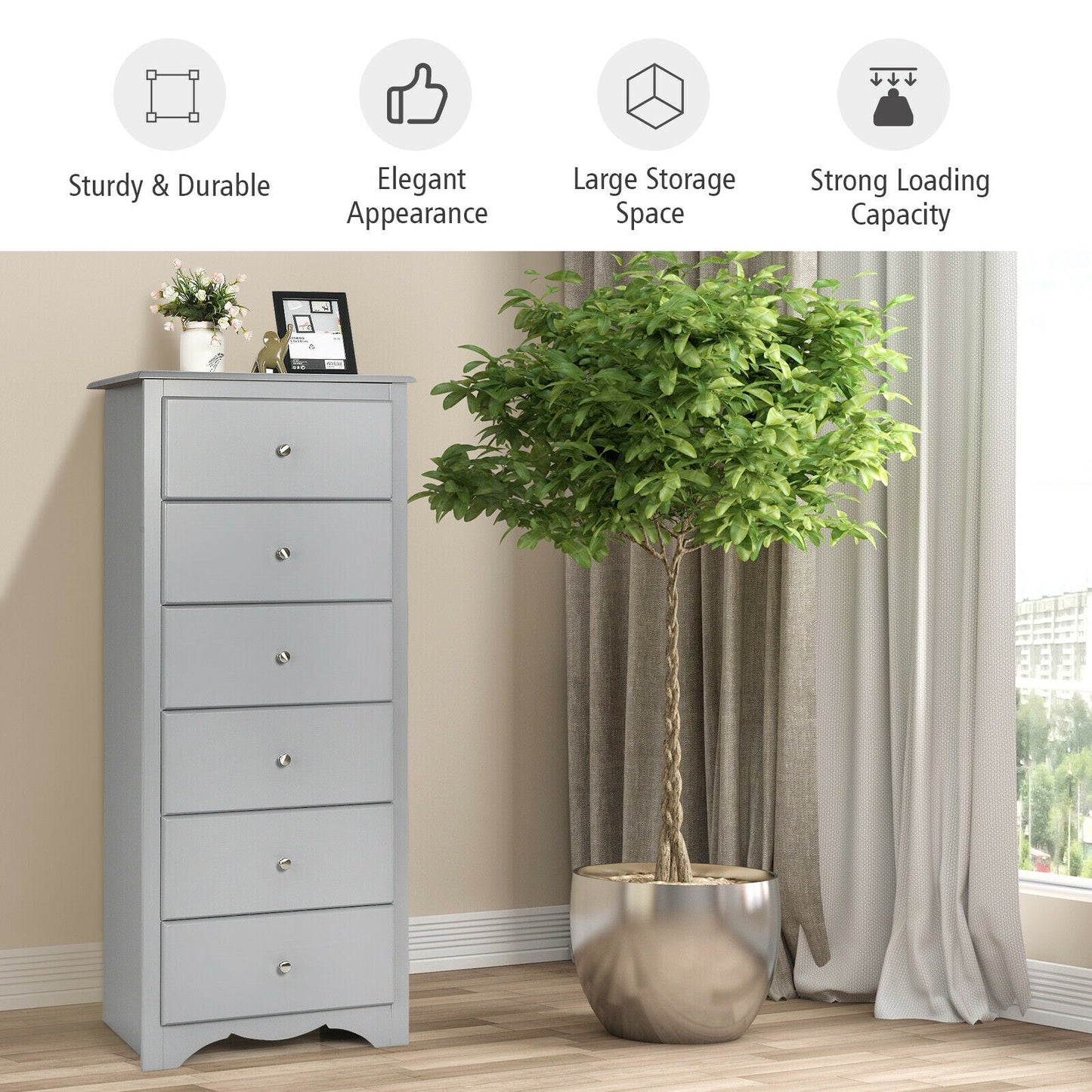 6 Drawer Chest with Mental Knobs for Living Room-Grey