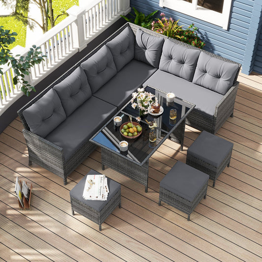 7 Pieces Patio Dining Furniture Set Outdoor PE Rattan Sectional Sofa Set-Grey