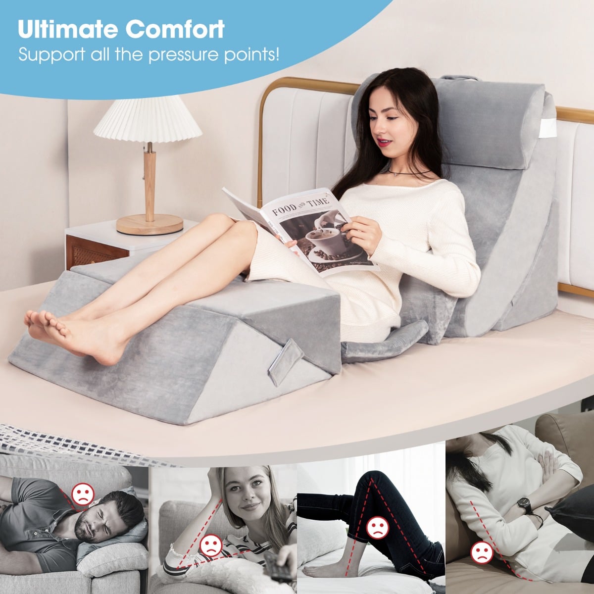 7 PCS Adjustable Support Pillow Set Bed Wedge Pillows with Memory Foam-Grey