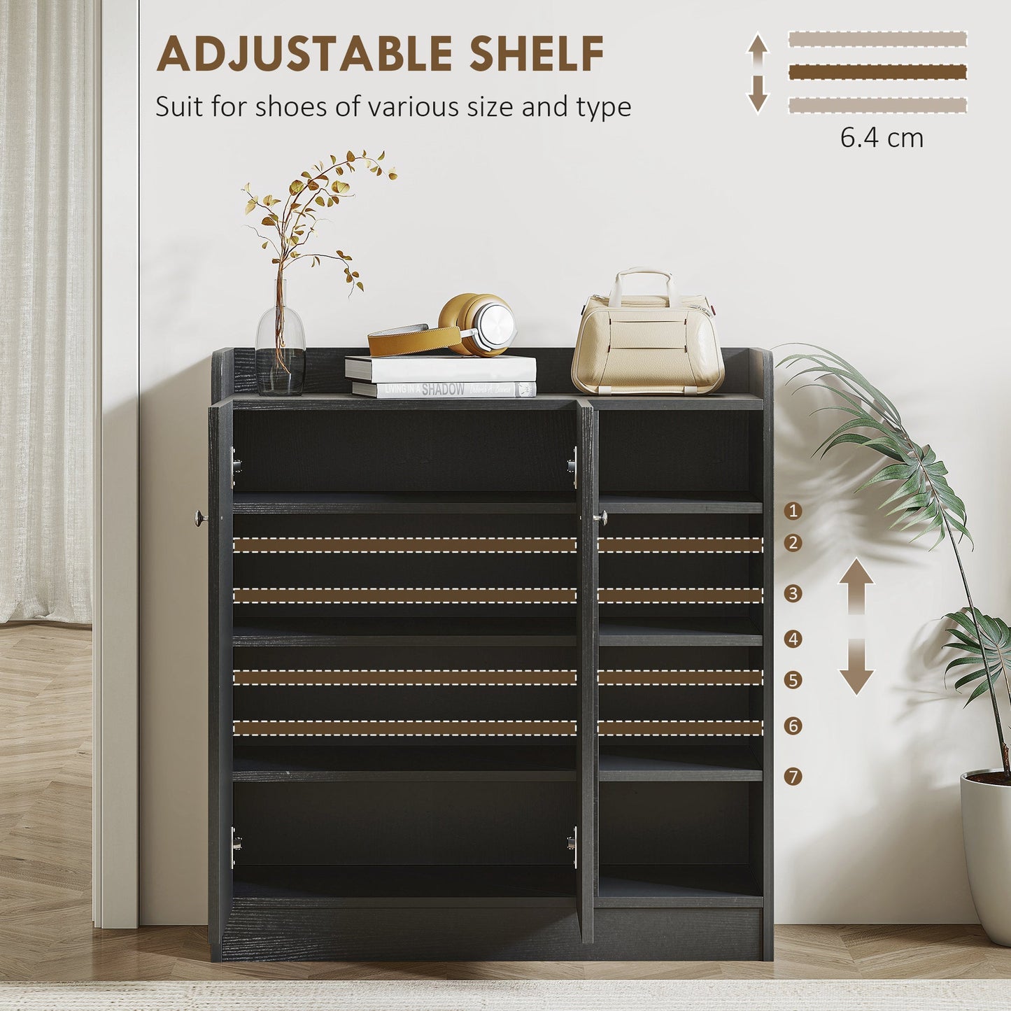 HOMCOM Shoe Storage Cabinet with Adjustable Shelves - Black