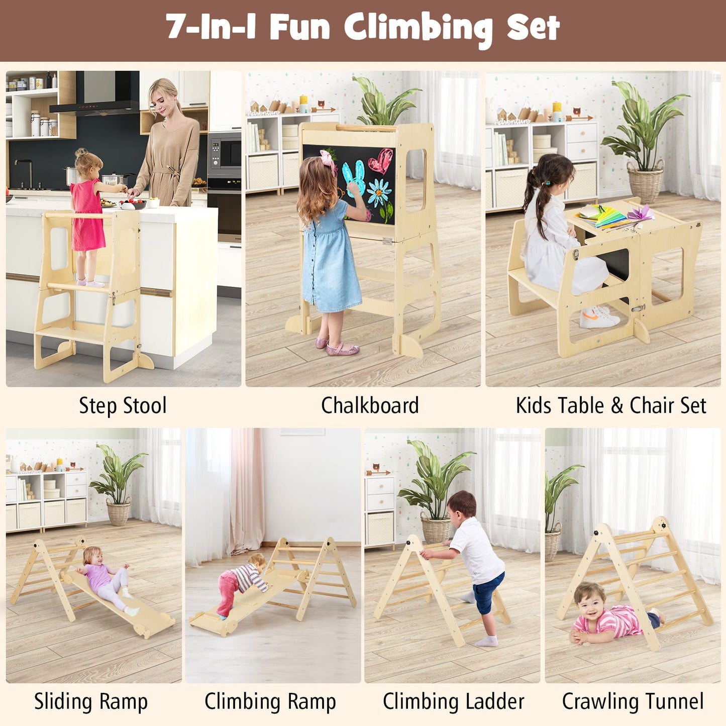 7-in-1 Toddler Climbing Toy Set Folding with Step Stool Ages 3-14 Years Old-Natural