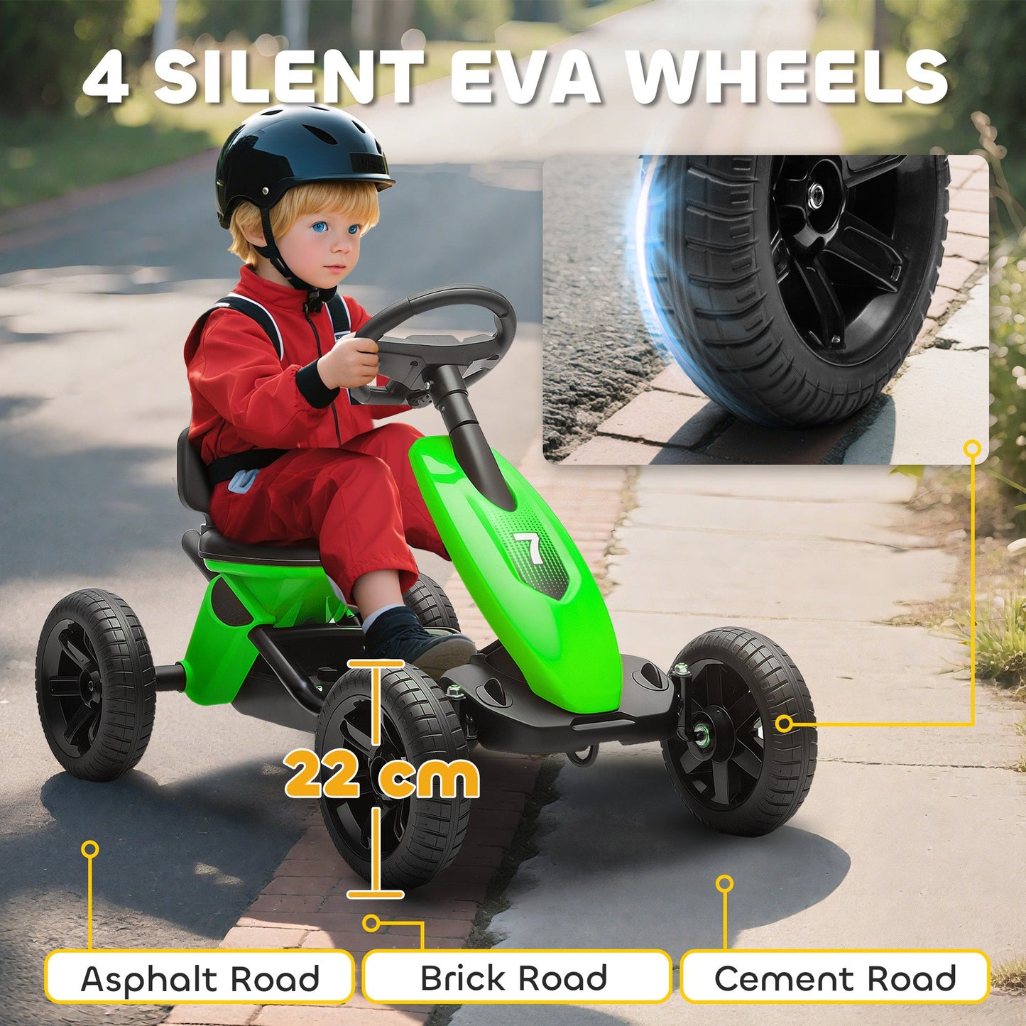 AIYAPLAY Pedal Go Kart for Kids 2-5 Years, with Silent EVA Wheels, Metal Frame, Green